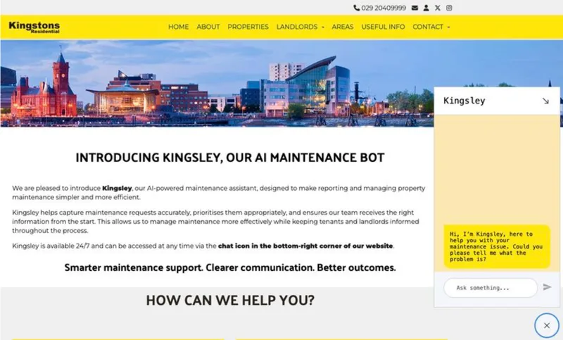 The Kingstons Residential website with the Kingsley chat window open