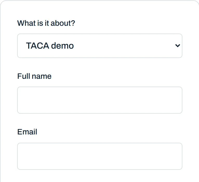 The enquiry form opened from the chat, with "TACA demo" already selected as the topic, followed by empty name and email fields.